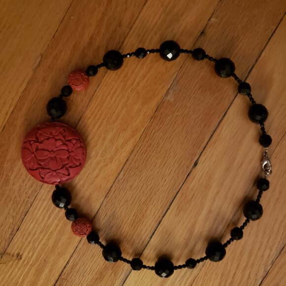 Black and Red Cinnabar Flower Pendant Necklace - Picture 3 of 5